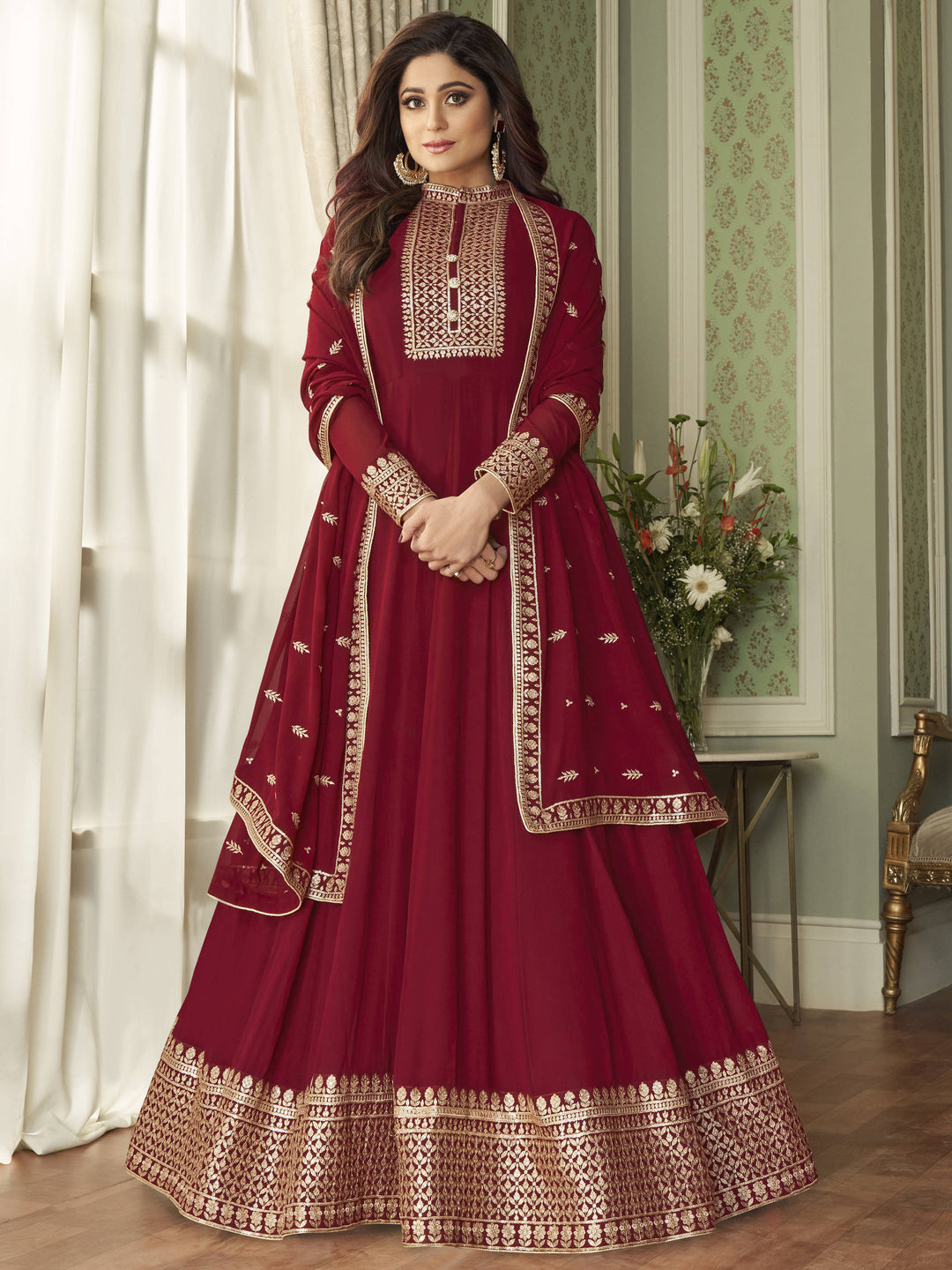 Bollywood Style Carmine Red Shamita Shetty Anarkali Suit Bollywood Style Carmine Red Shamita Shetty Anarkali Suit