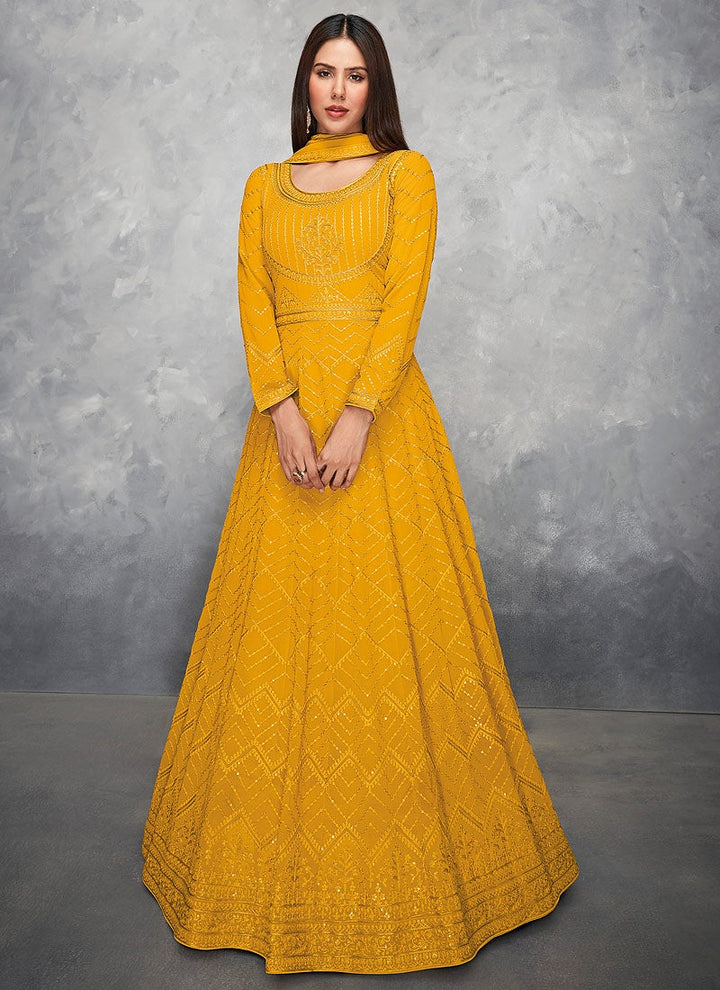 Buy Thread Embroidered Yellow Anarkali - Georgette Anarkali Suit