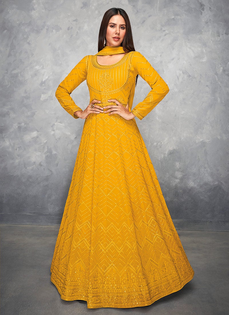 Buy Thread Embroidered Yellow Anarkali - Georgette Anarkali Suit