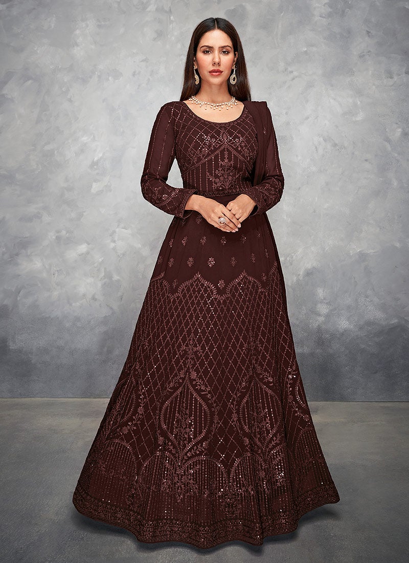 Buy Thread Embroidered Brown Anarkali - Georgette Anarkali Suit