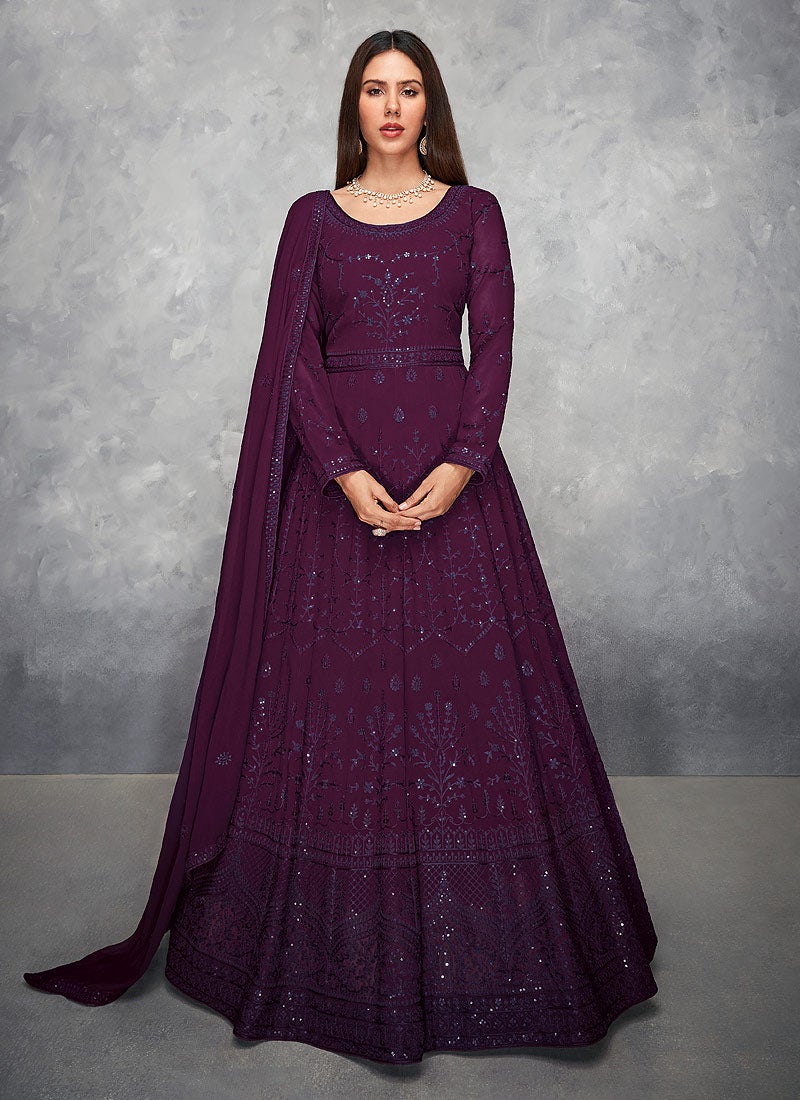 Buy Thread Embroidered Purple Anarkali - Georgette Anarkali Suit