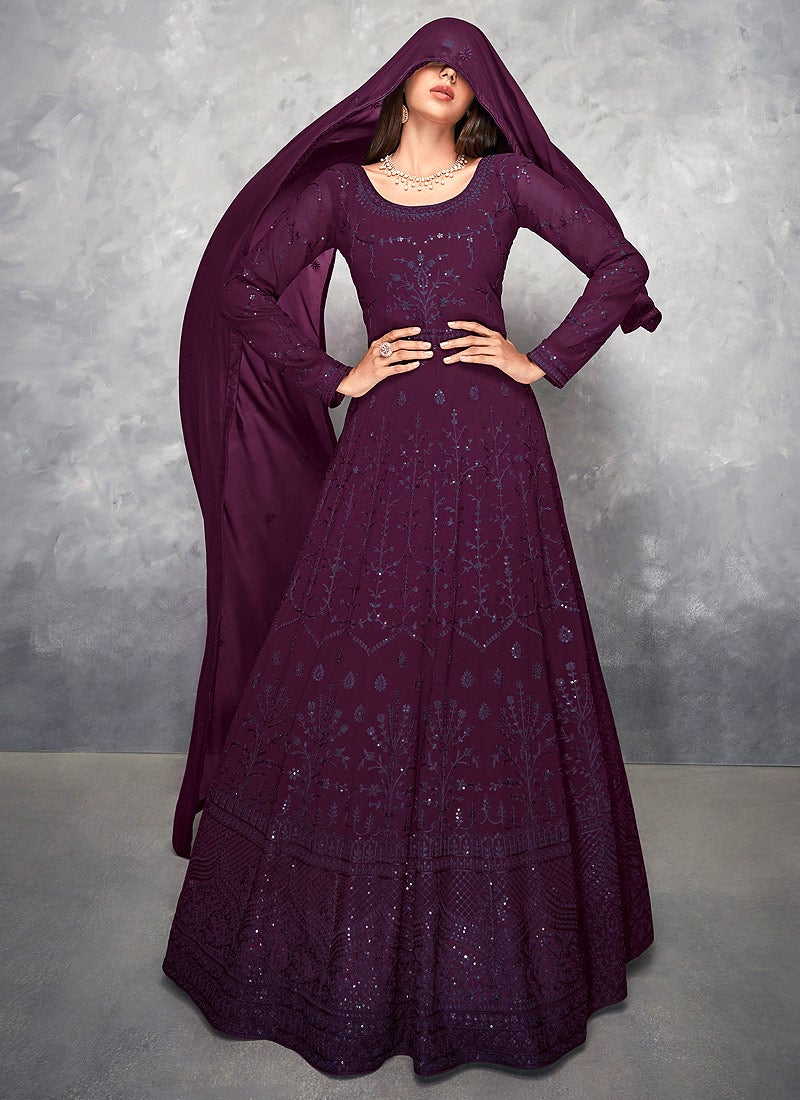 Buy Thread Embroidered Purple Anarkali - Georgette Anarkali Suit