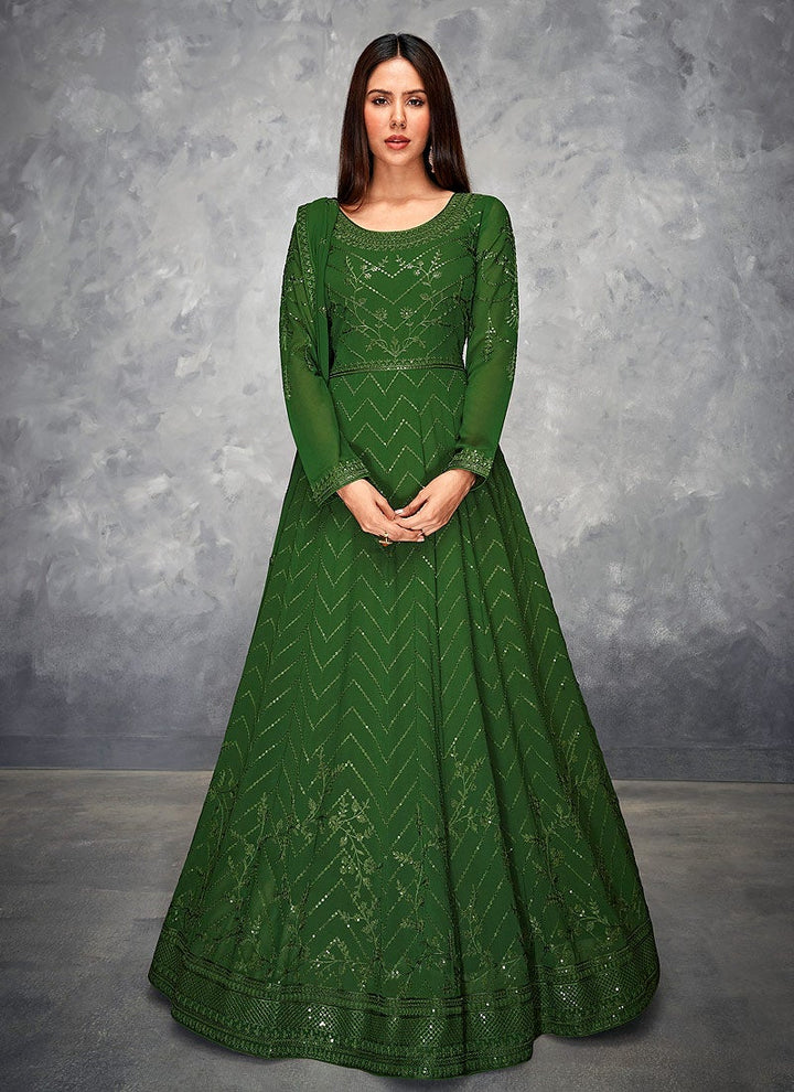Buy Thread Embroidered Green Anarkali - Georgette Anarkali Suit