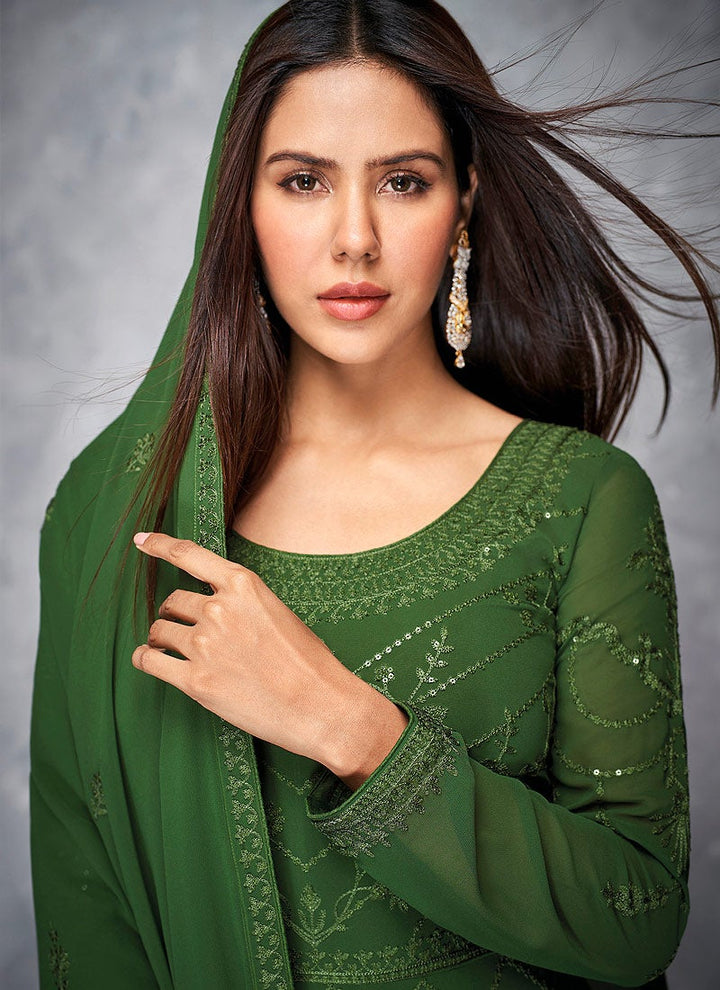 Buy Thread Embroidered Green Anarkali - Georgette Anarkali Suit