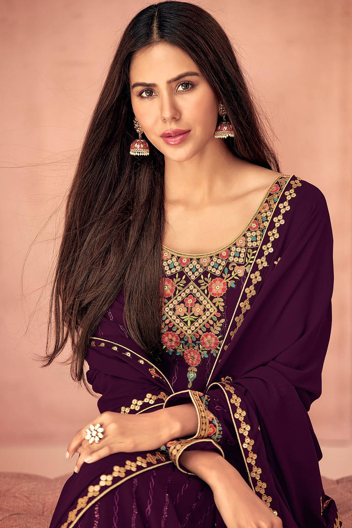 Buy Sonam Bajwa Plum Purple Suit - Georgette Palazzo Suit