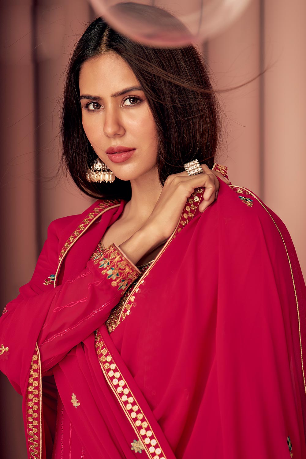 Buy Sonam Bajwa Hot Pink Suit - Georgette Palazzo Suit