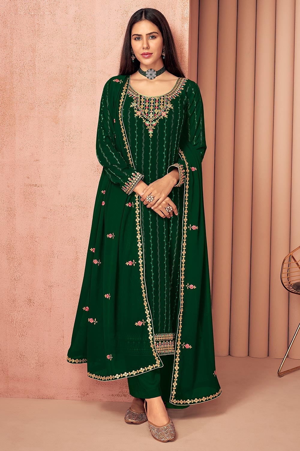 Buy Sonam Bajwa Dark Green Suit - Georgette Palazzo Suit