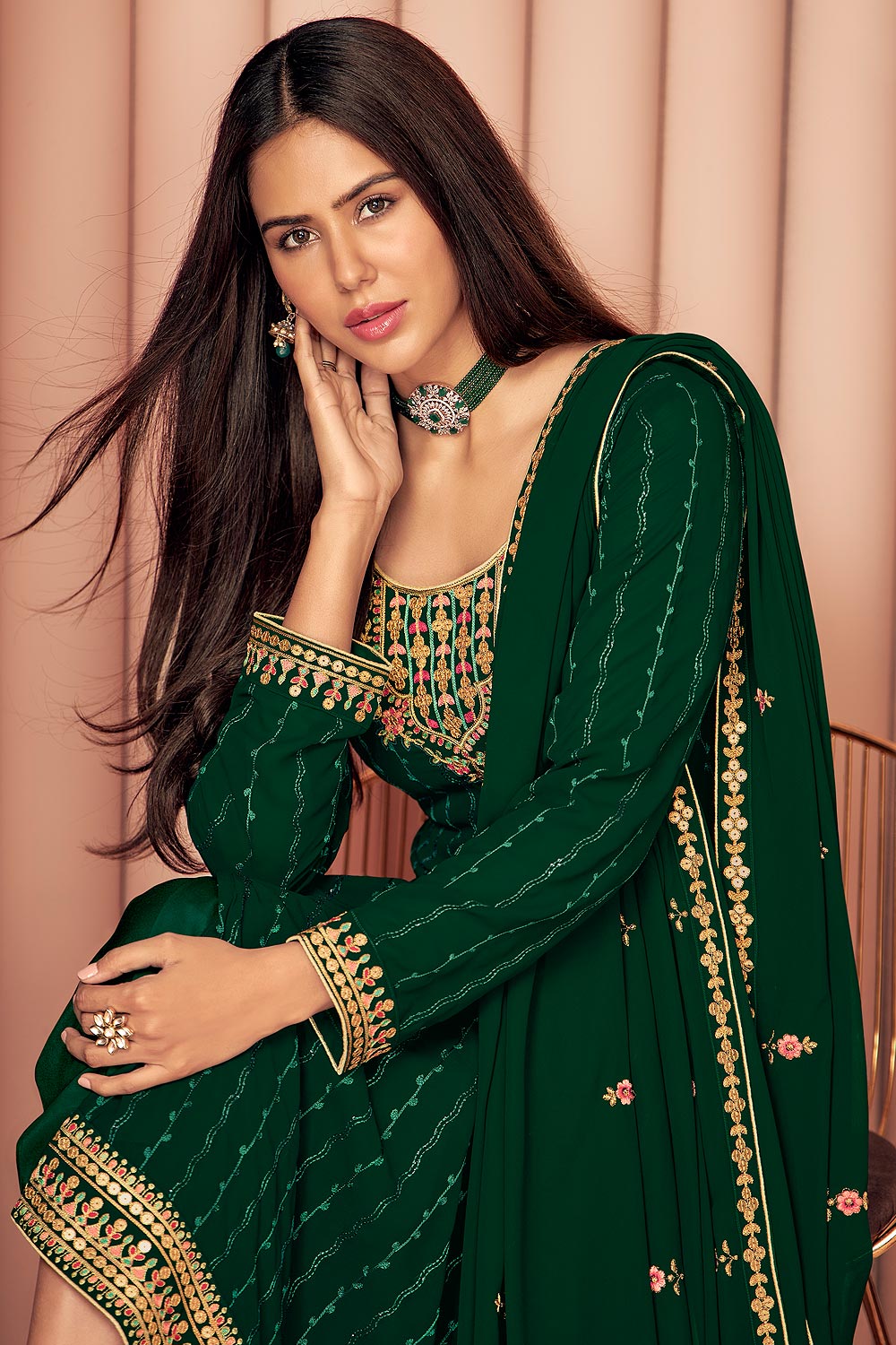 Buy Sonam Bajwa Dark Green Suit - Georgette Palazzo Suit