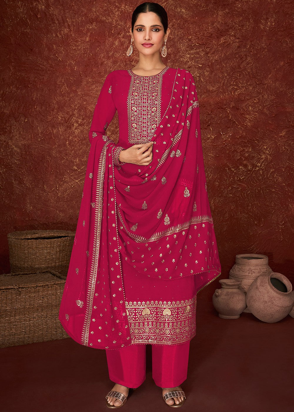 Buy Pink & Gold Splendid Embroidered Suit - Pakistani Style Suit