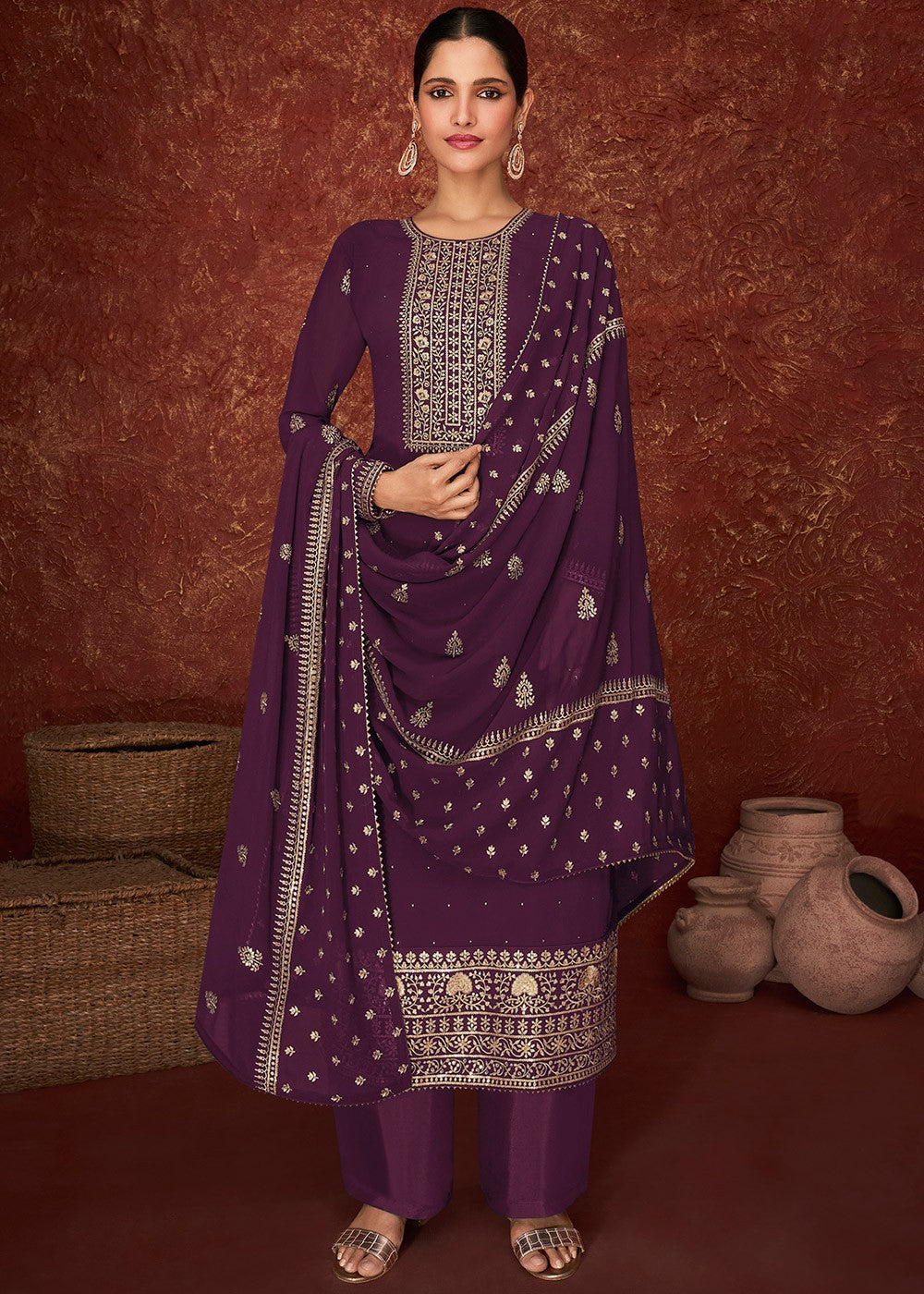 Buy Purple & Gold Splendid Embroidered Suit - Pakistani Style Suit