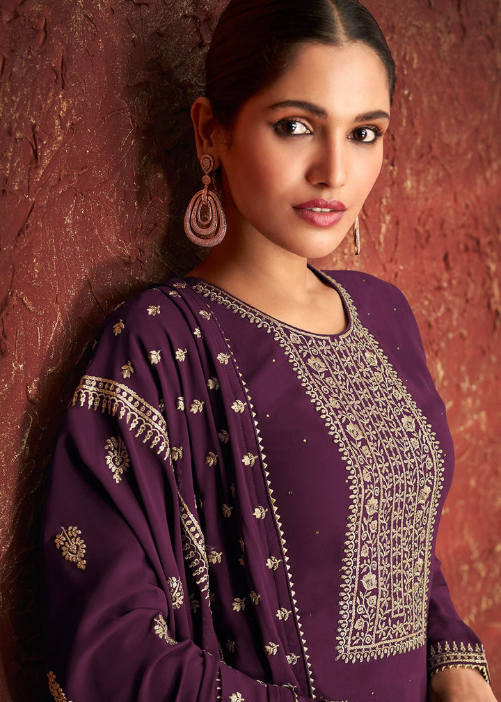 Buy Purple & Gold Splendid Embroidered Suit - Pakistani Style Suit