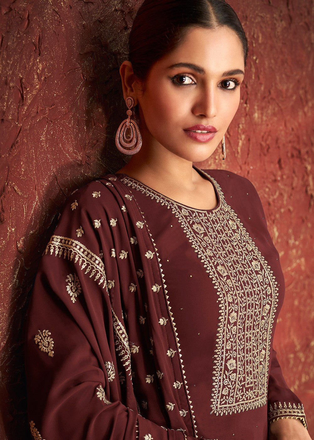 Buy Brown & Gold Splendid Embroidered Suit - Pakistani Style Suit