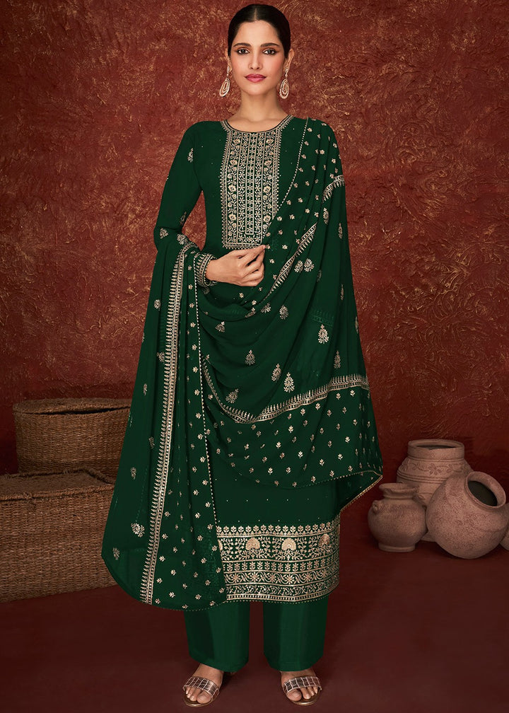 Buy Green & Gold Splendid Embroidered Suit - Pakistani Style Suit
