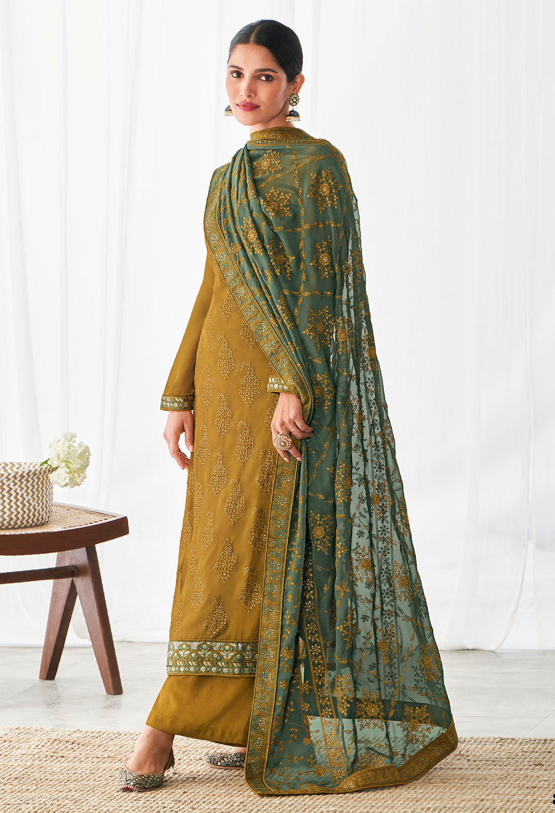 Buy Mustard Floral Motifs Embroidered Suit - Palazzo Pants Suit