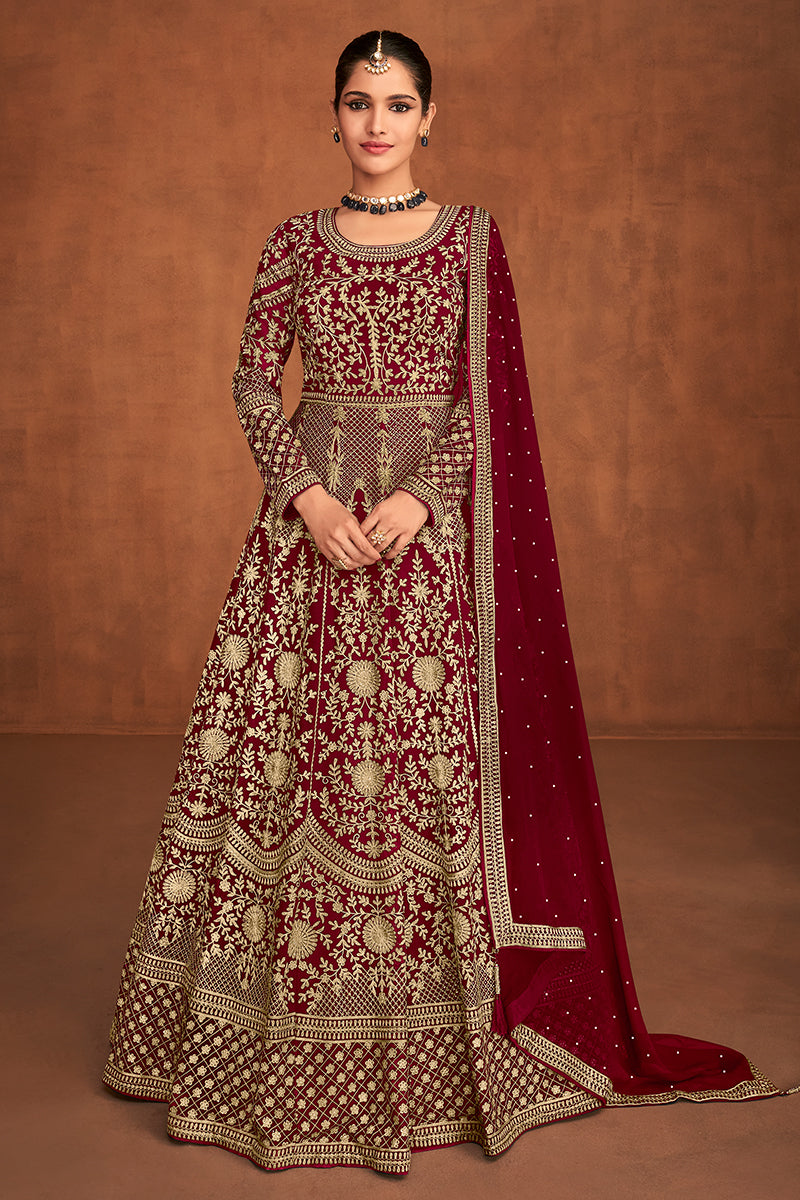 Buy Maroon Gown Style Anarkali - All Over Embroidered Anarkali Suit