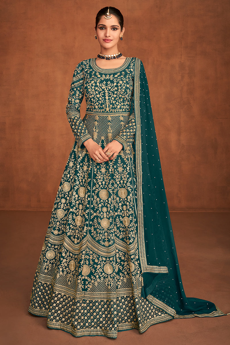 Buy Teal Gown Style Anarkali - All Over Embroidered Anarkali Suit