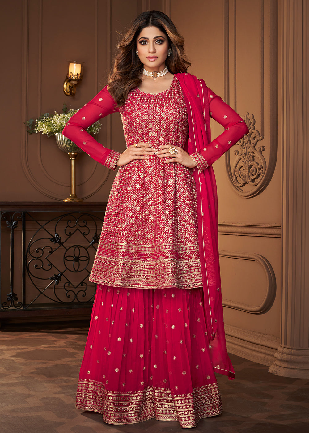 Buy Peplum Designed Pink Sharara - Embroidered Sharara Suit