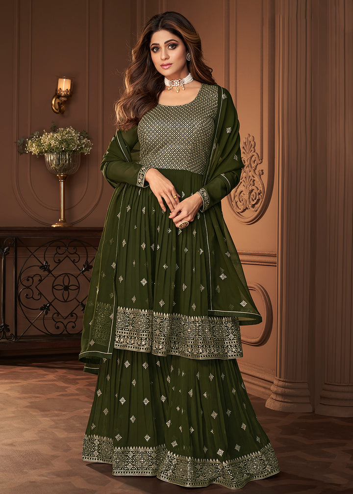 Buy Peplum Designed Green Sharara - Embroidered Sharara Suit