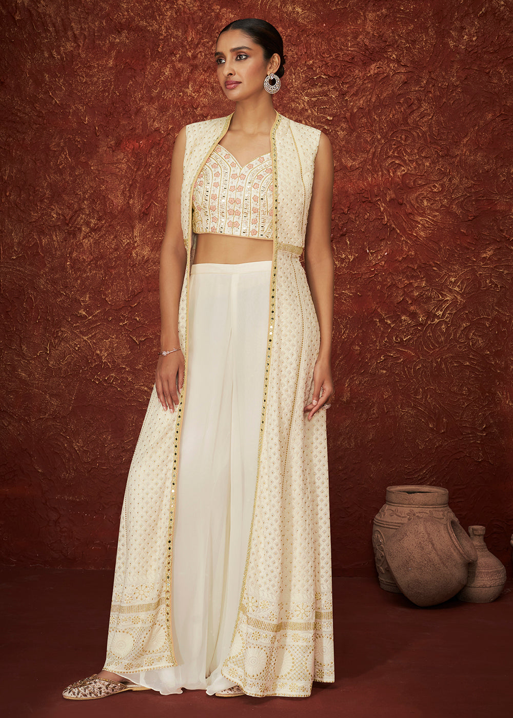 Buy Now Designer Pearl White Crop Top Wedding Palazzo Salwar Suit Online in USA, UK, Canada, Germany & Worldwide at Empress Clothing.