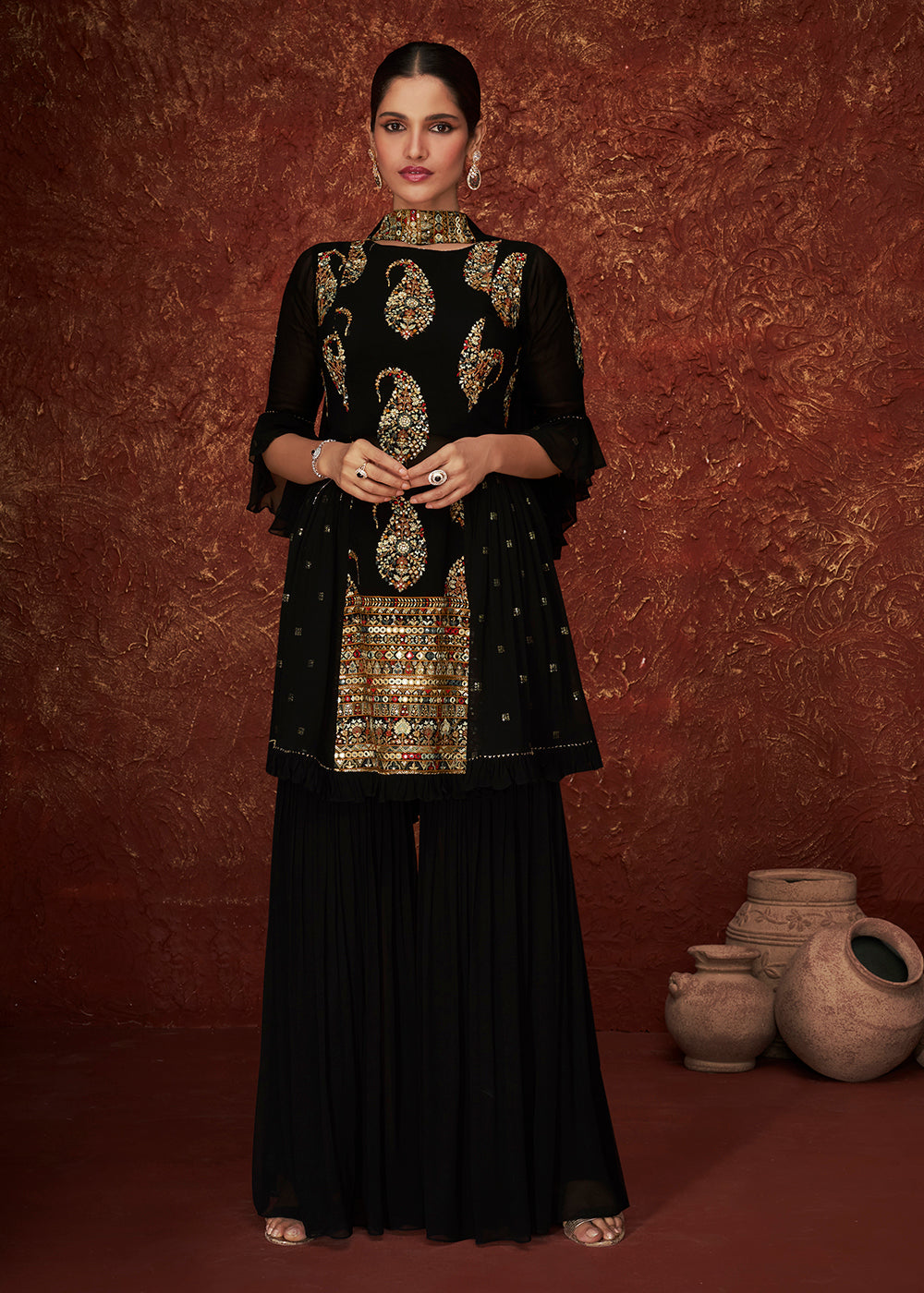Shop Now Designer Black Peplum Style Tiered Sharara Suit for Wedding Online at Empress Clothing in USA, UK, Canada & Worldwide.