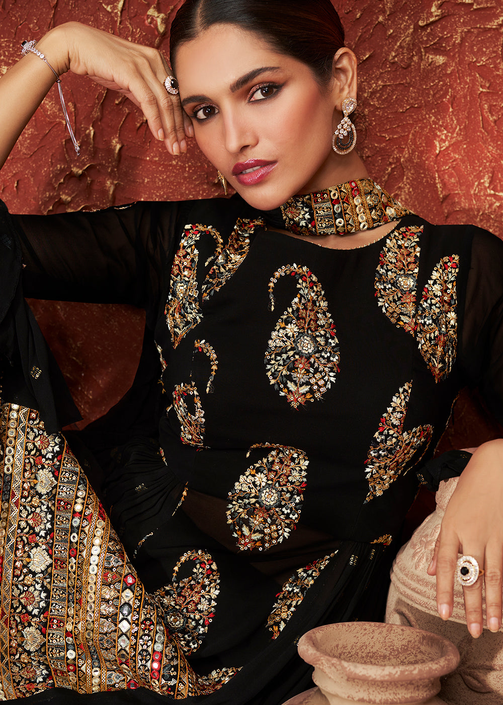 Shop Now Designer Black Peplum Style Tiered Sharara Suit for Wedding Online at Empress Clothing in USA, UK, Canada & Worldwide.