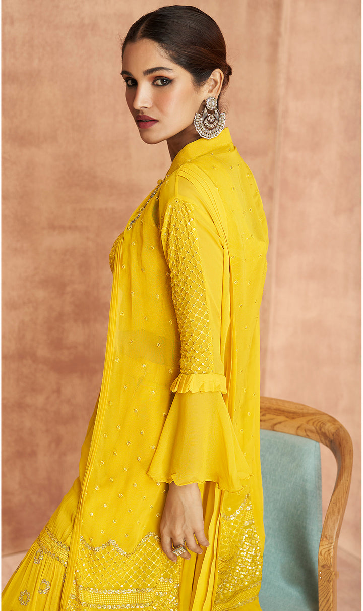 Buy Yellow Crop Top 3 Piece Suit - Georgette Indo Western Palazzo Suit