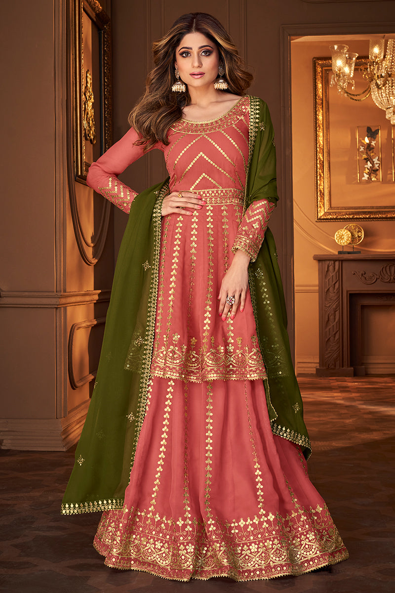 Buy Peachy Pink Skirt Style Suit - Embroidered Georgette Lehenga Suit