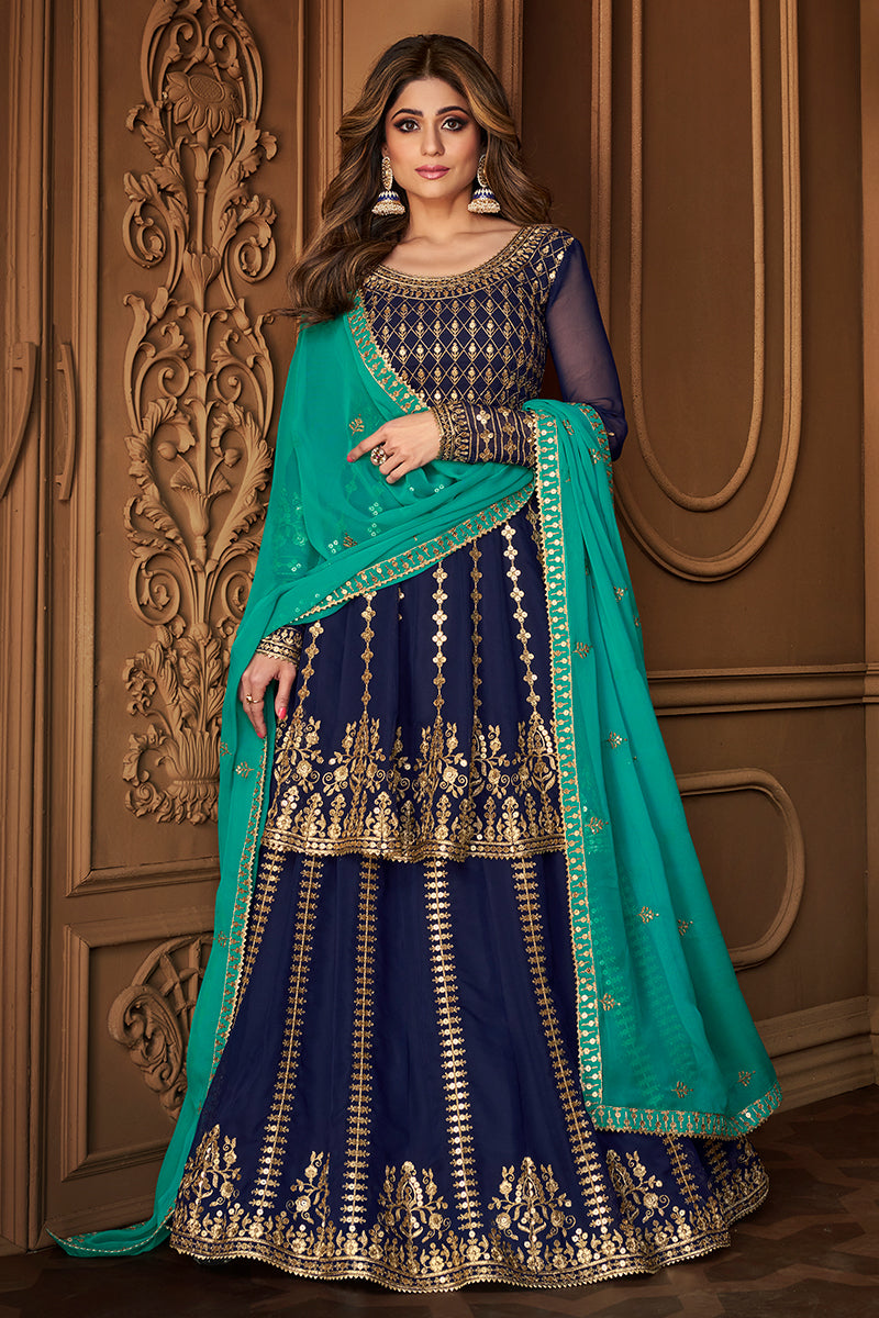 Buy Navy Blue Skirt Style Suit - Embroidered Georgette Lehenga Suit