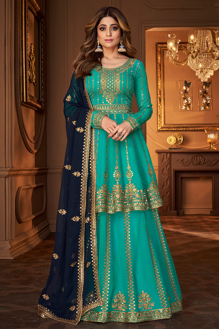 Buy Turquoise Skirt Style Suit - Embroidered Georgette Lehenga Suit