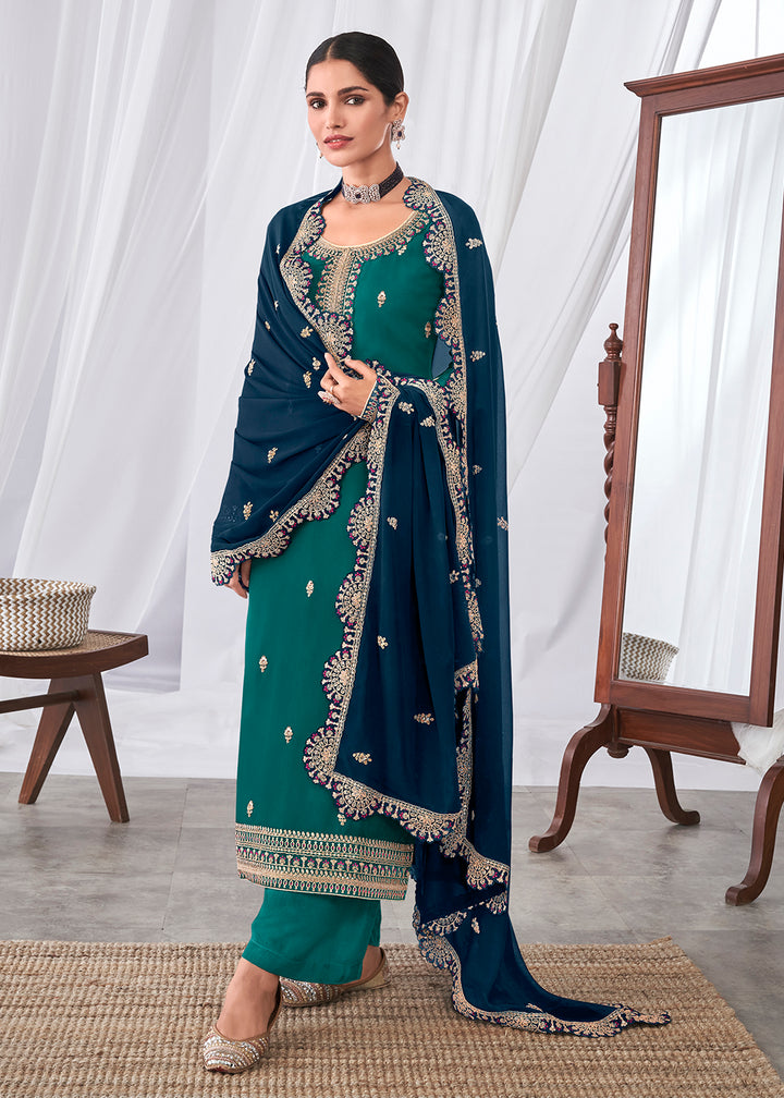 Buy Now Amazing Looking Teal Indian Party Wear Salwar Suit Online in USA, UK, Canada, Germany & Worldwide at Empress Clothing.