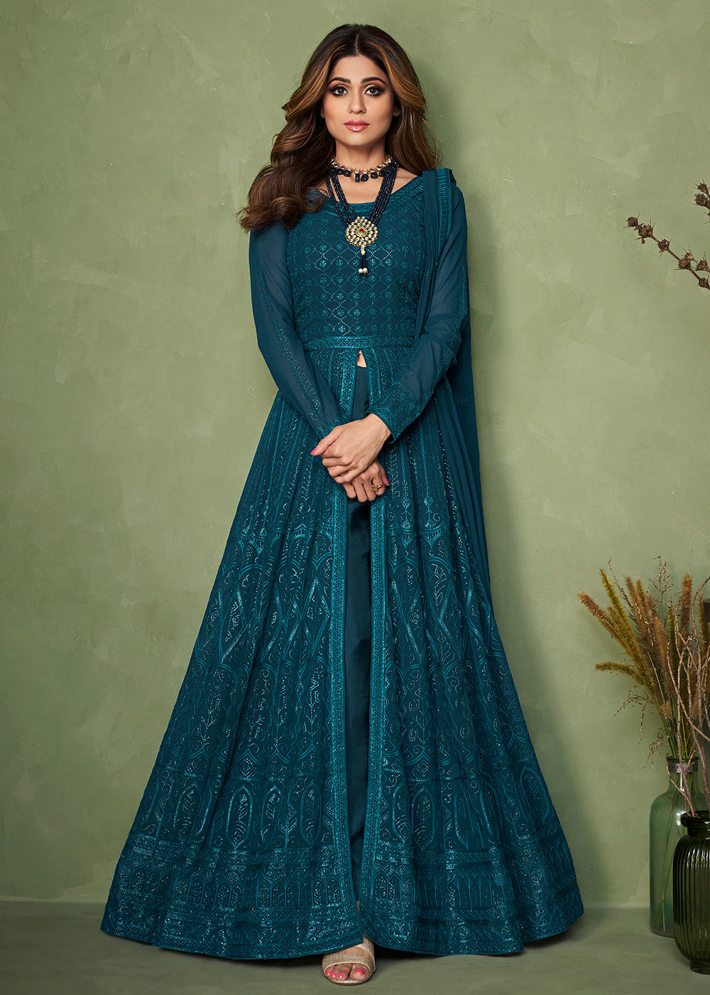 Buy Teal Blue Wedding Party Wear Anarkali - Shamita Shetty Anarkali