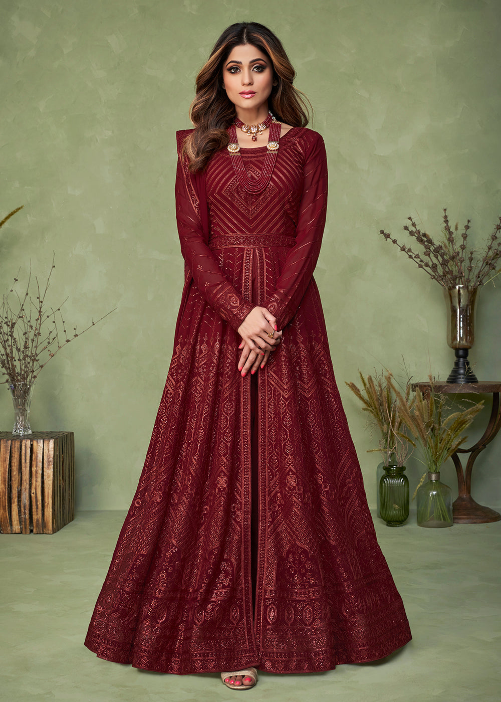 red designer anarkali dress Women Red Anarkali Suit Set Indian Ethnic Party Wear Embroidered Gown Dupatta