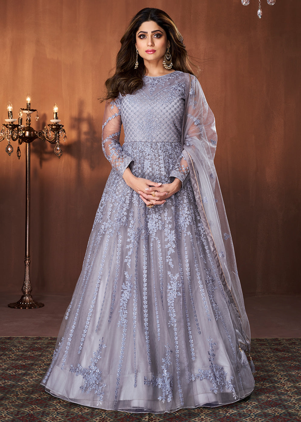 Buy Bluish Grey All Over Embroidered Gown - Shamita Shetty Anarkali