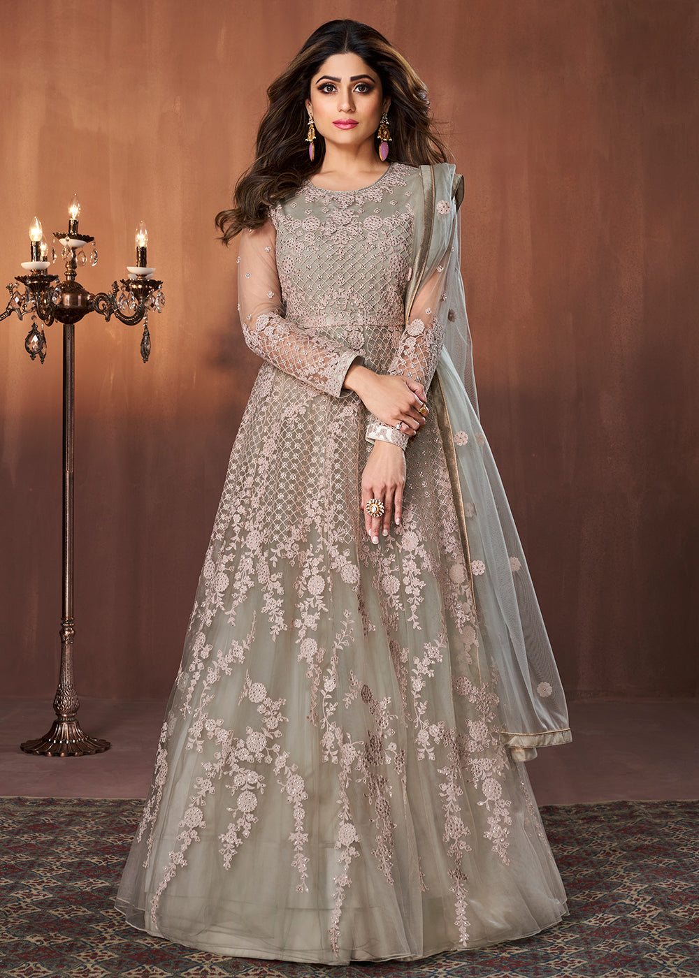 Buy Beige All Over Embroidered Gown - Shamita Shetty Anarkali