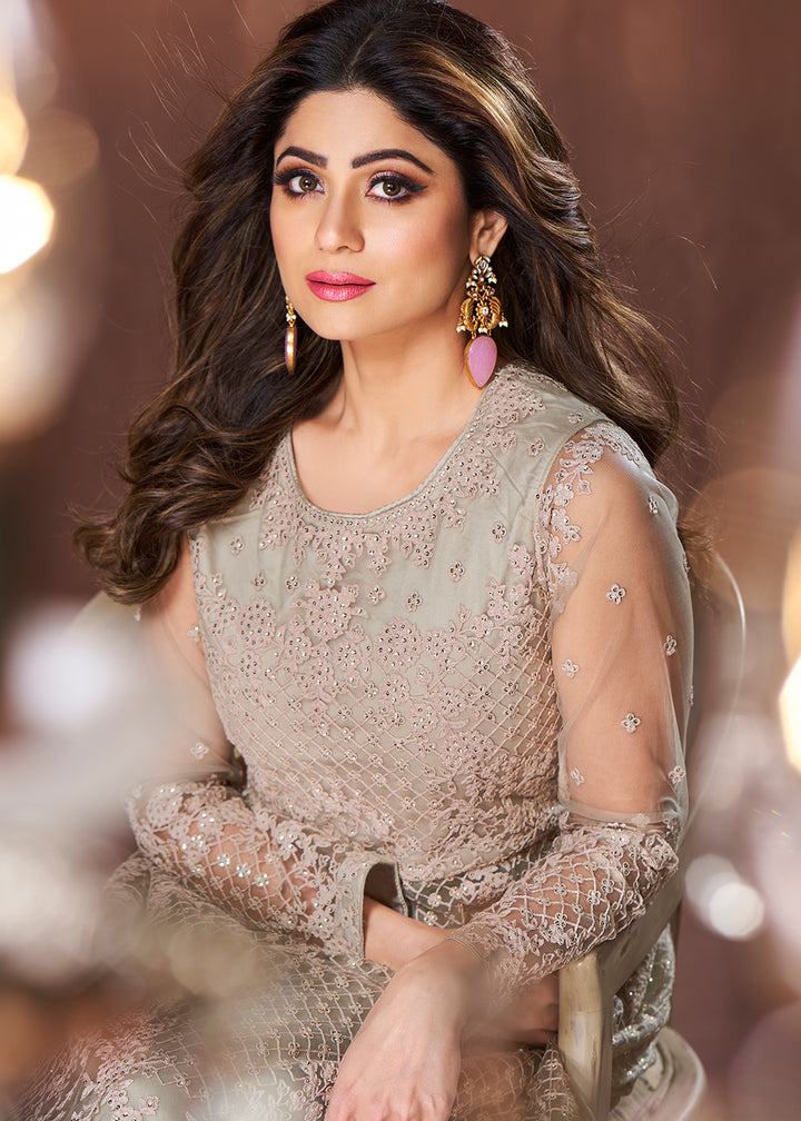 Buy Beige All Over Embroidered Gown - Shamita Shetty Anarkali