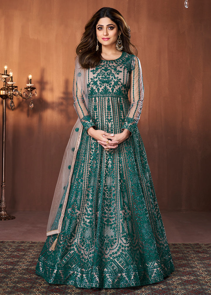 Buy Dark Green All Over Embroidered Gown - Shamita Shetty Anarkali