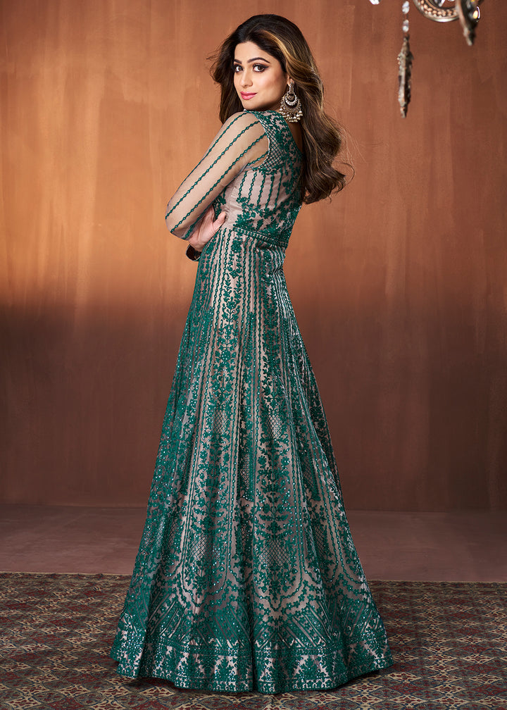 Buy Dark Green All Over Embroidered Gown - Shamita Shetty Anarkali