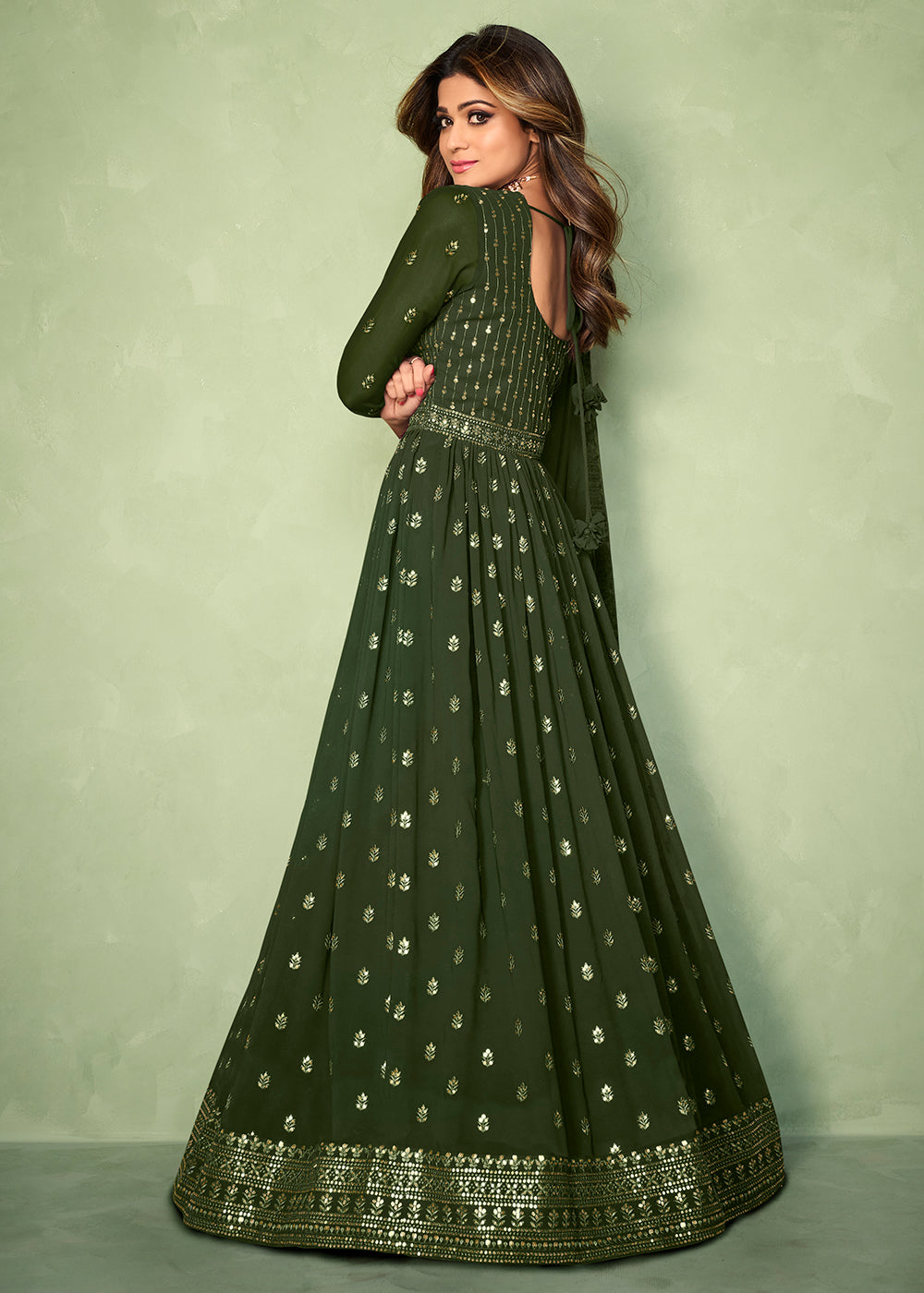 Buy Olive Green Skirt Style Anarkali - Bridesmaids Anarkali Dress