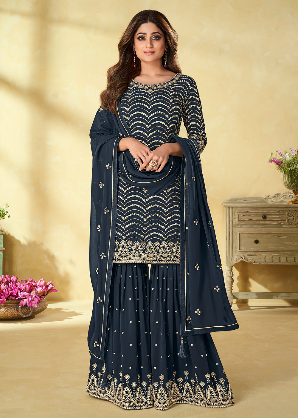 Buy Now Foil Mirror  Awesome Blue Festive Wear Palazzo Salwar Suit Online in USA, UK, Canada, Germany & Worldwide at Empress Clothing.