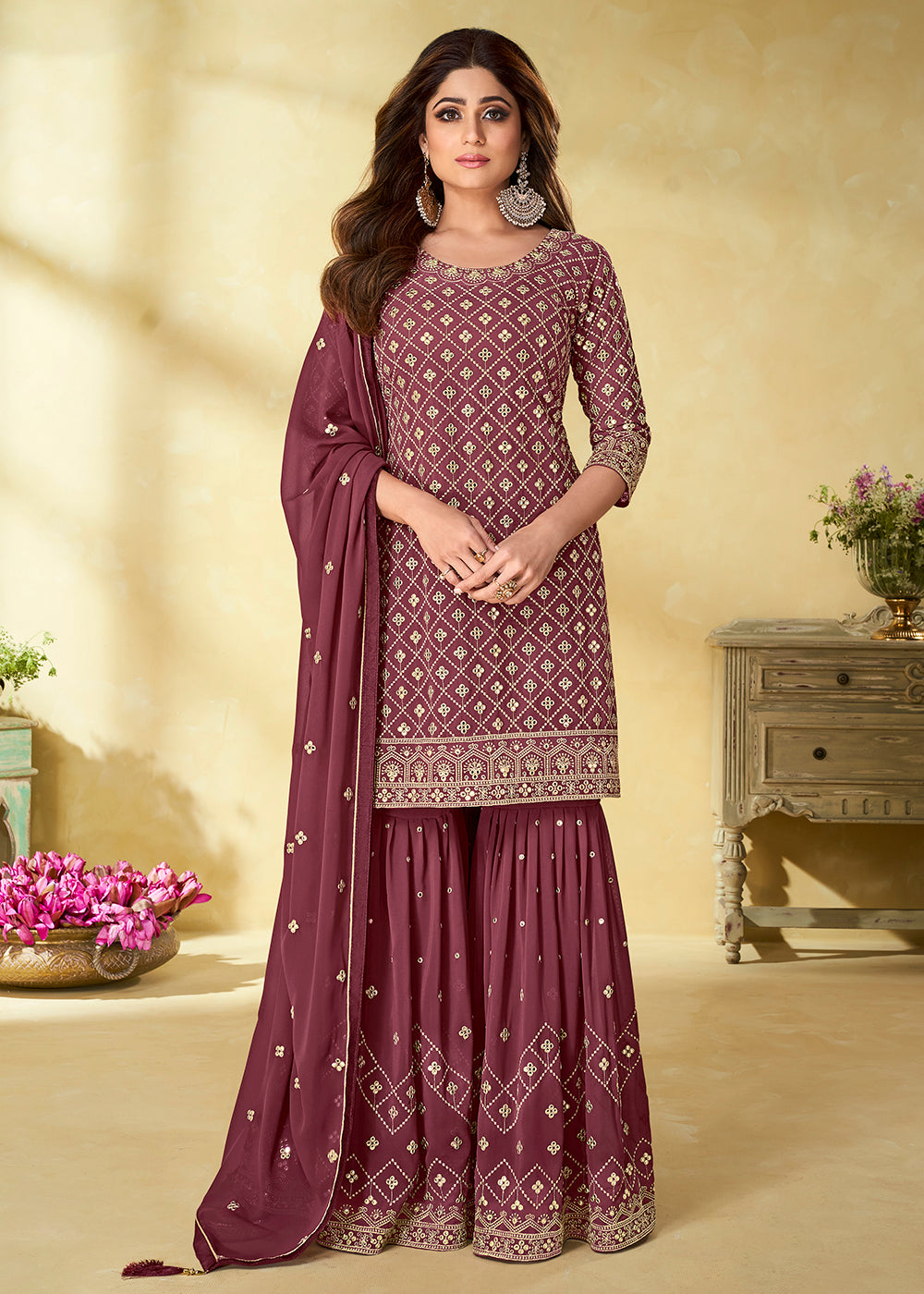 Buy Now Foil Mirror Excellent Wine Festive Wear Palazzo Salwar Suit Online in USA, UK, Canada, Germany & Worldwide at Empress Clothing.