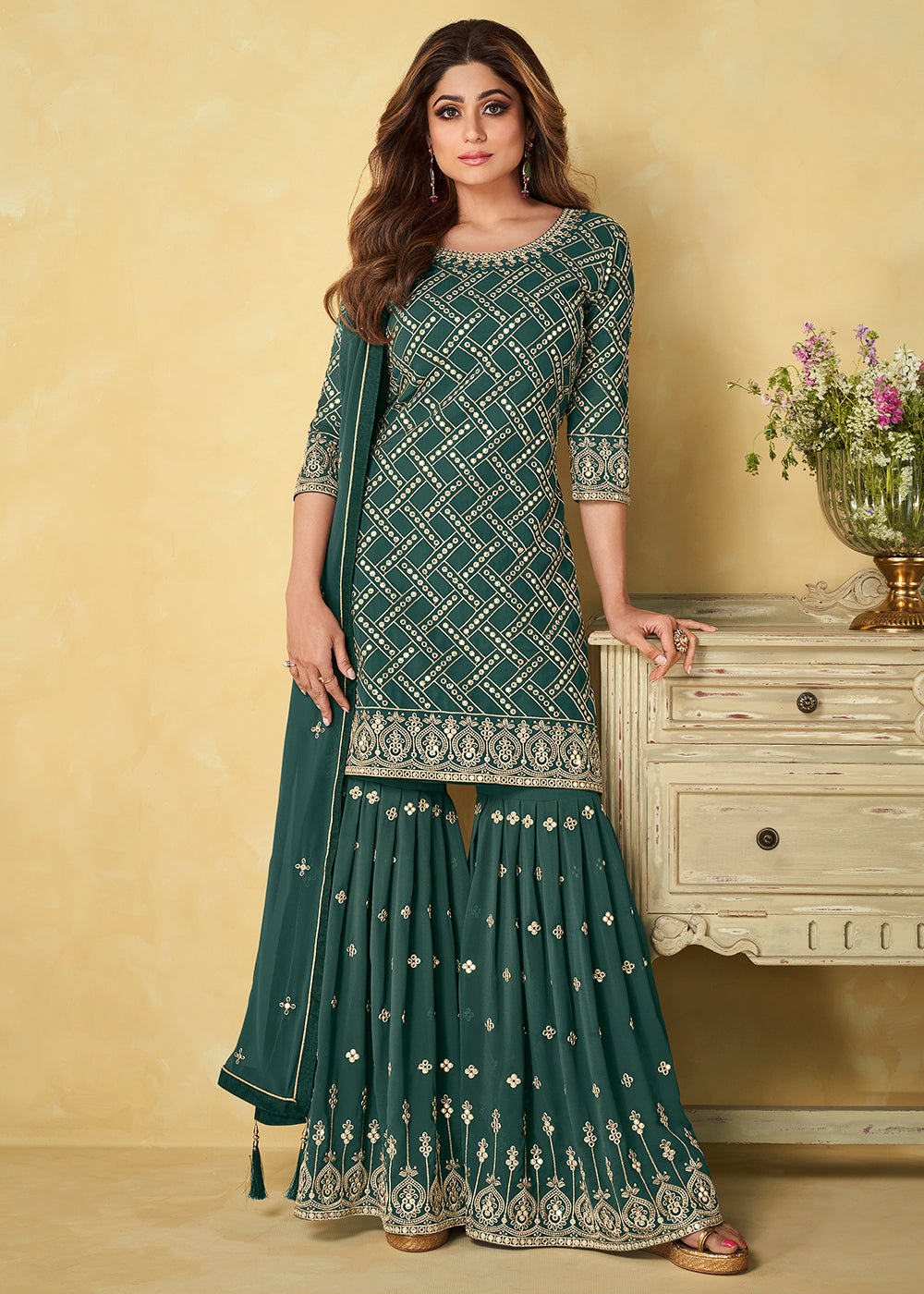 Buy Now Foil Mirror Glamorous Teal Green Festive Wear Palazzo Salwar Suit Online in USA, UK, Canada, Germany & Worldwide at Empress Clothing.