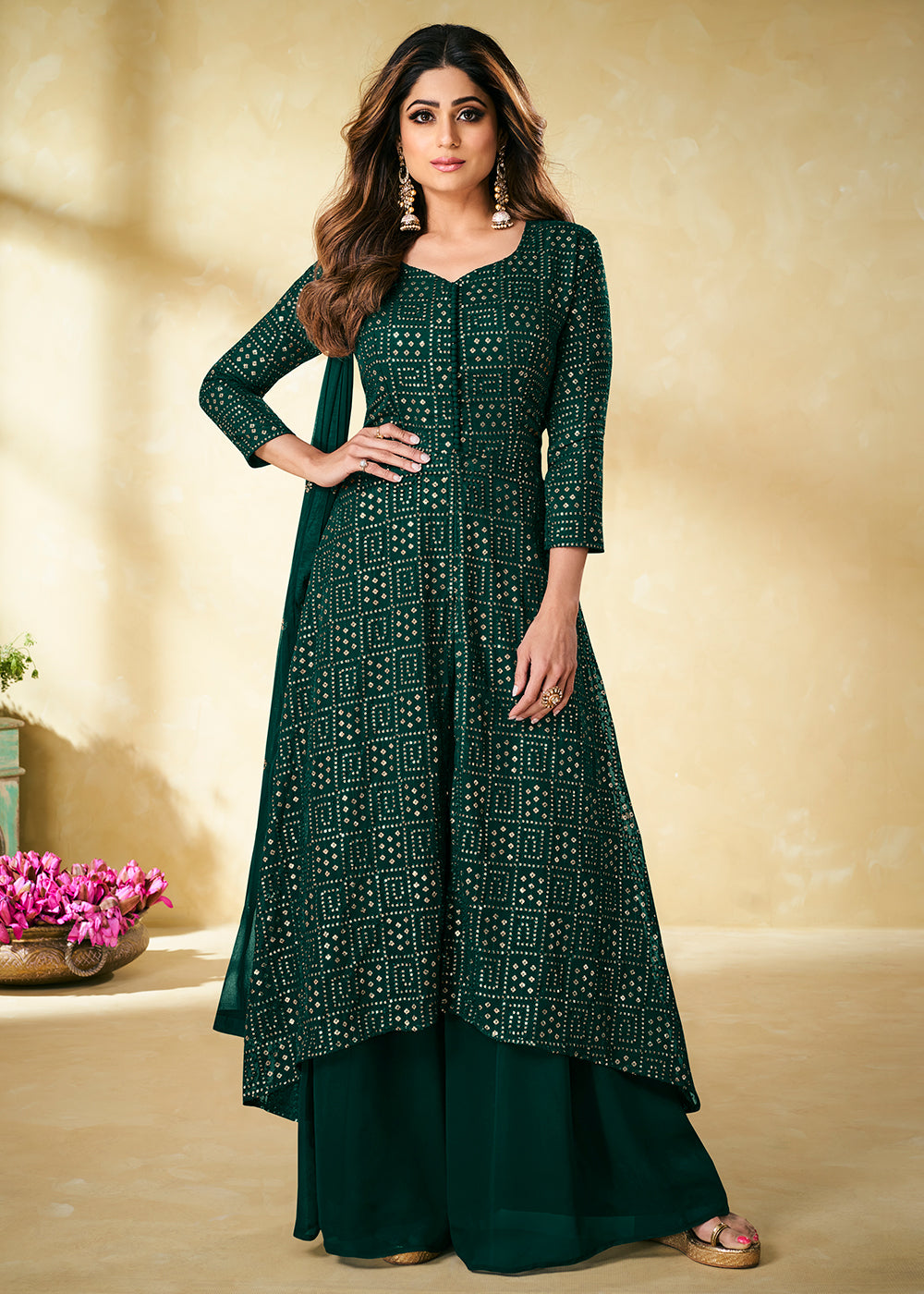 Buy Green Indian Designer Suit - Embroidered Palazzo Suit