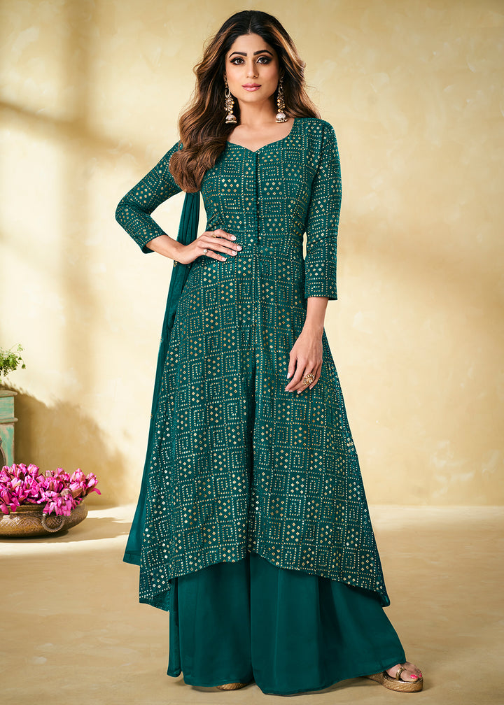 Teal Indian Designer Embroidered Palazzo Suit