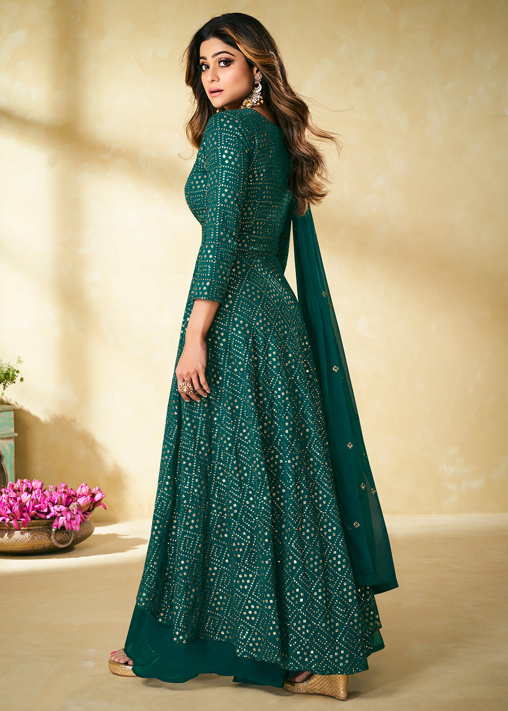 Teal Indian Designer Embroidered Palazzo Suit