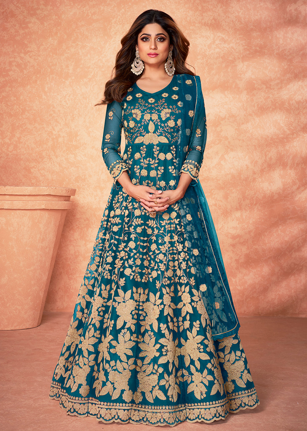 Buy Net Shamita Shetty Turquoise Beads Work Anarkali - Wedding Anarkali