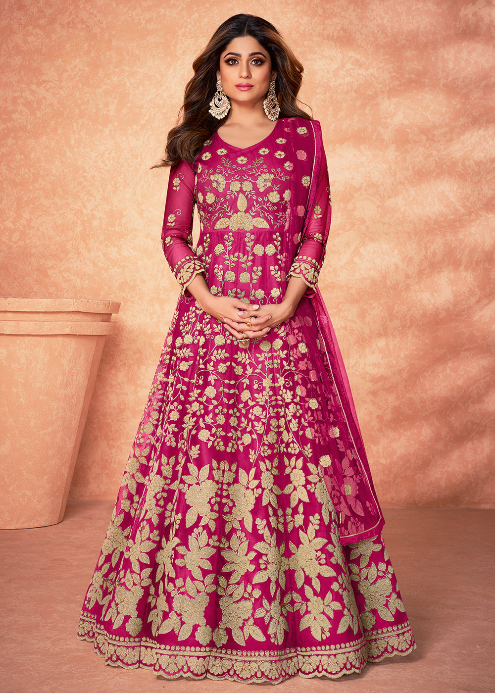 Buy Net Shamita Shetty Hot Pink Beads Work Anarkali - Wedding Anarkali