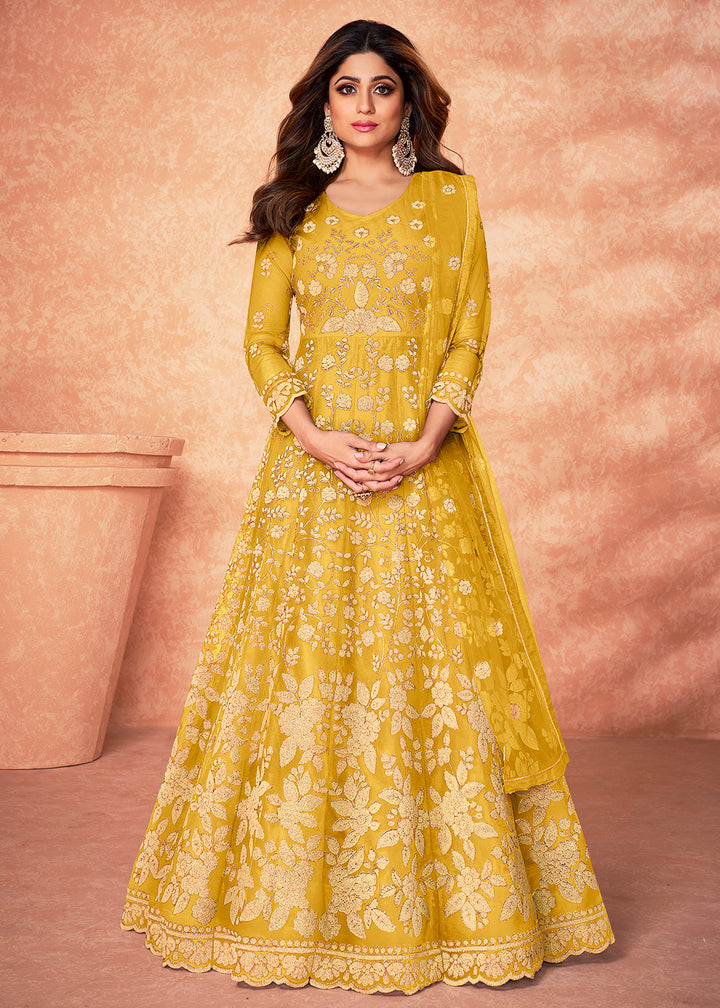 Buy Net Shamita Shetty Yellow Beads Work Anarkali - Wedding Anarkali