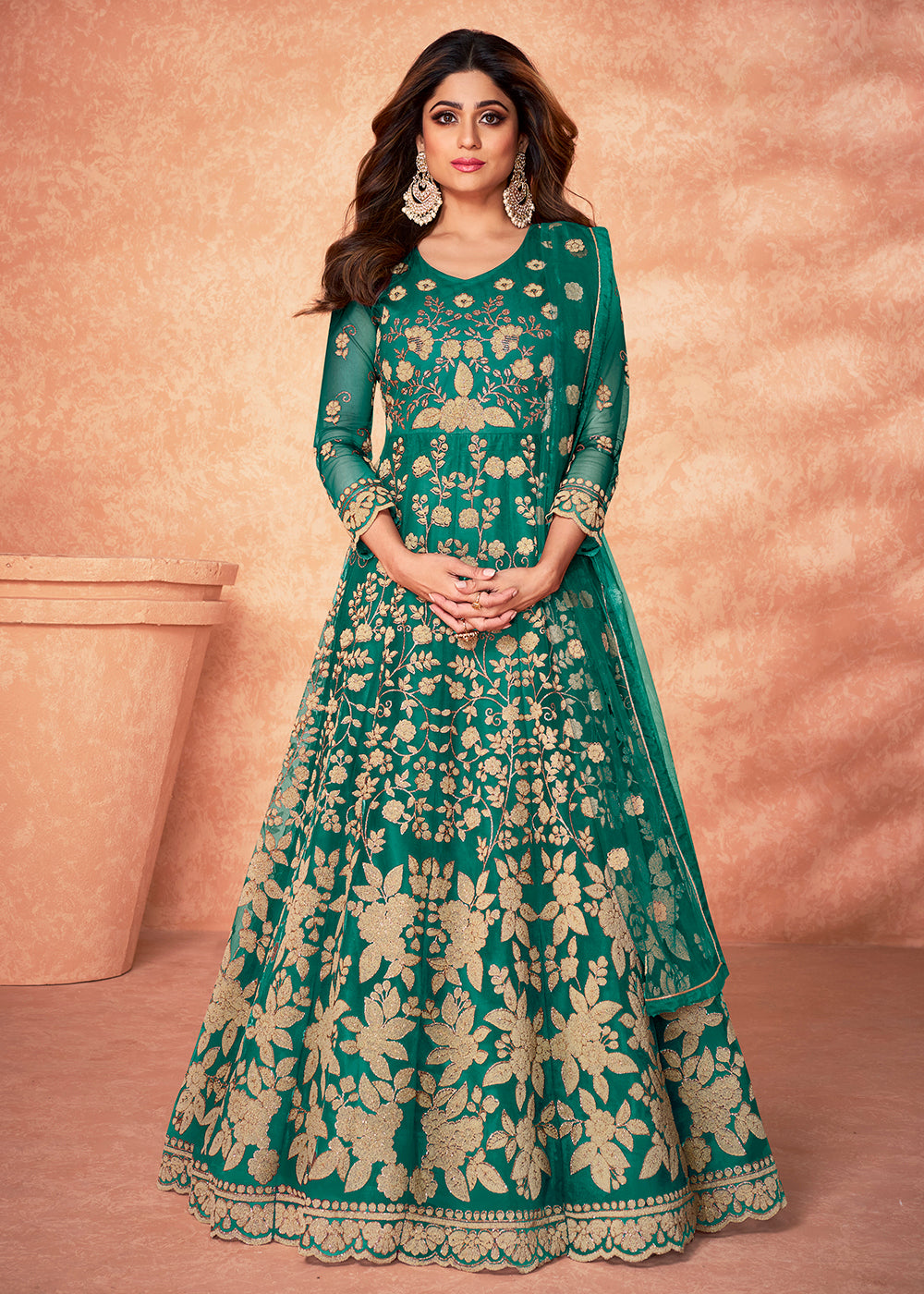 Buy Net Shamita Shetty Teal Green Beads Work Anarkali - Wedding Anarkali
