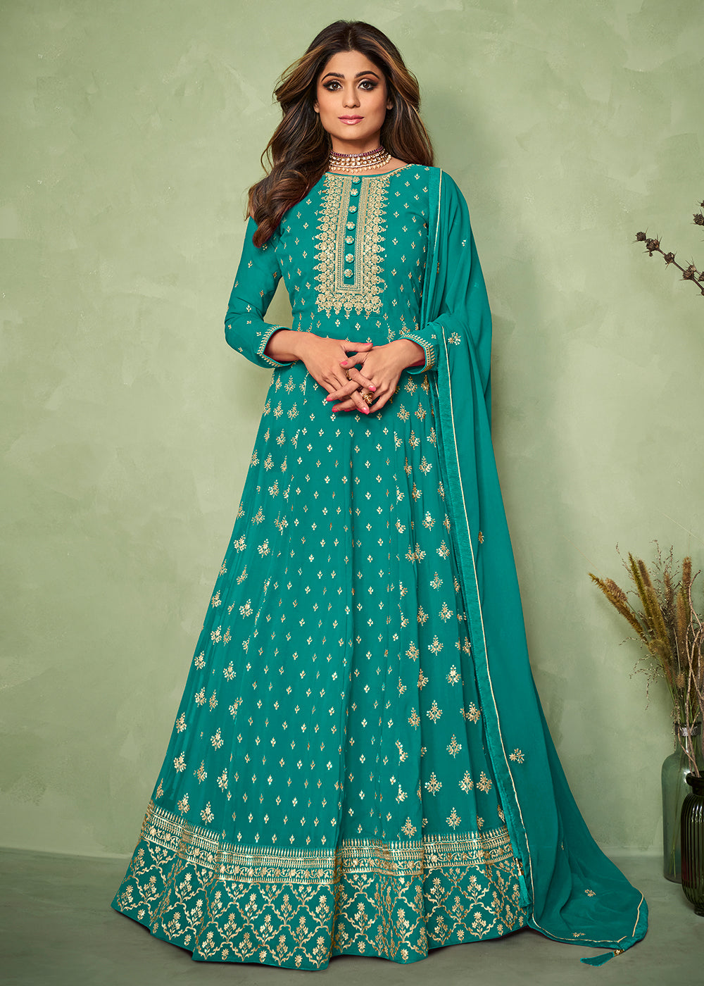 Buy Shamita Shetty Turquoise Long Anarkali - Floor Length Anarkali Suit