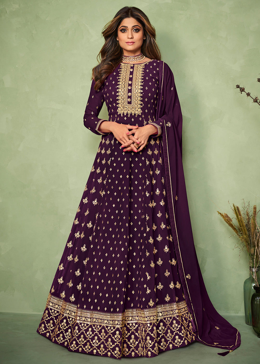 Buy Shamita Shetty Purple Long Anarkali - Floor Length Anarkali Suit
